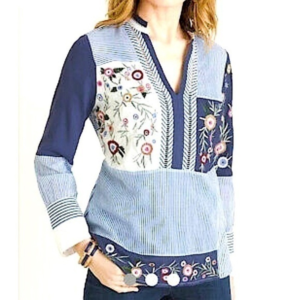 Chicos Floral Embroidered Patchwork Long Sleeve Blue Boho Blouse Large Petite